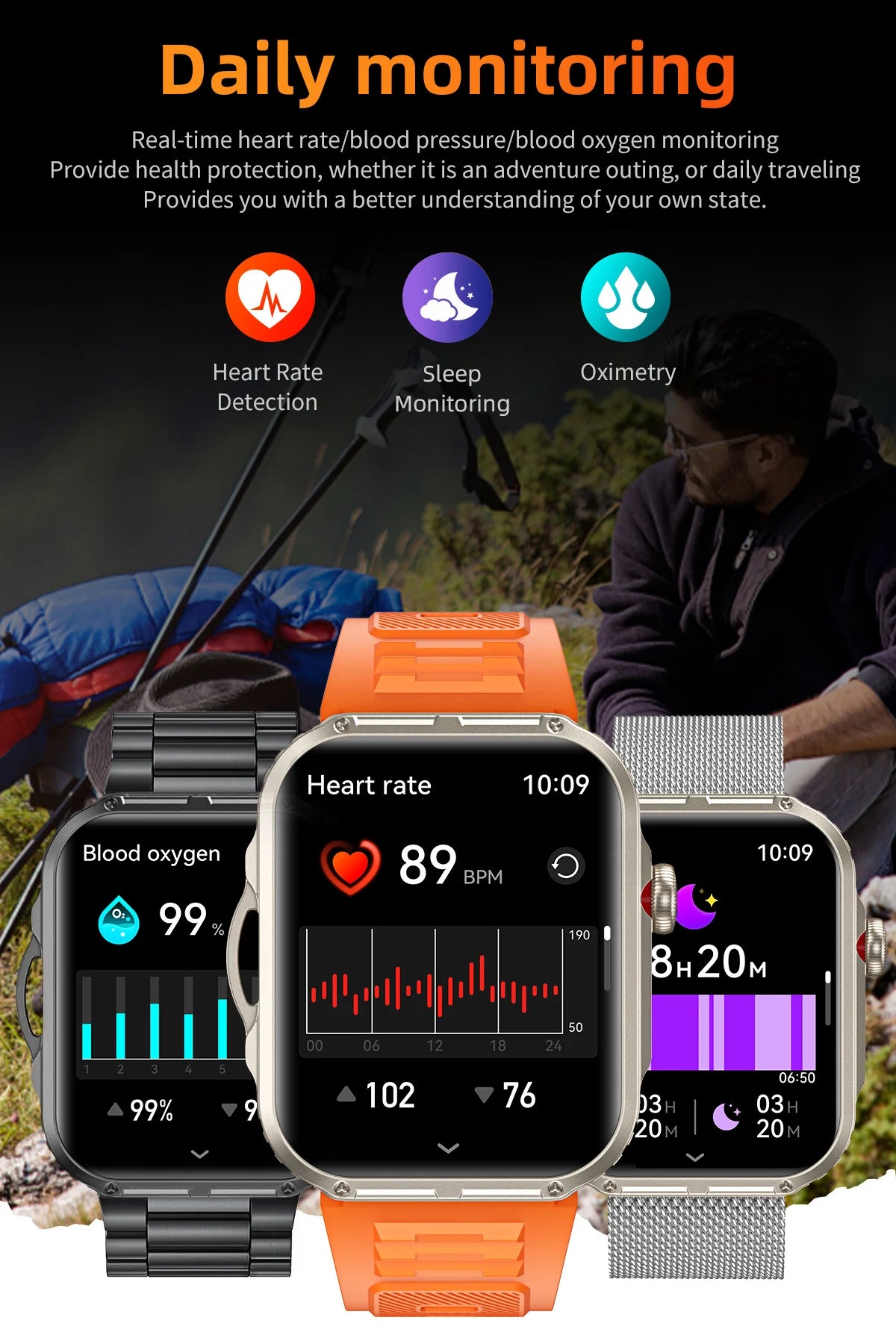 Reloj inteligente de 2,01 pulgadas para hombre y mujer, con linterna LED, control del ritmo cardíaco, para deportes al aire libre y fitness, resistente al agua