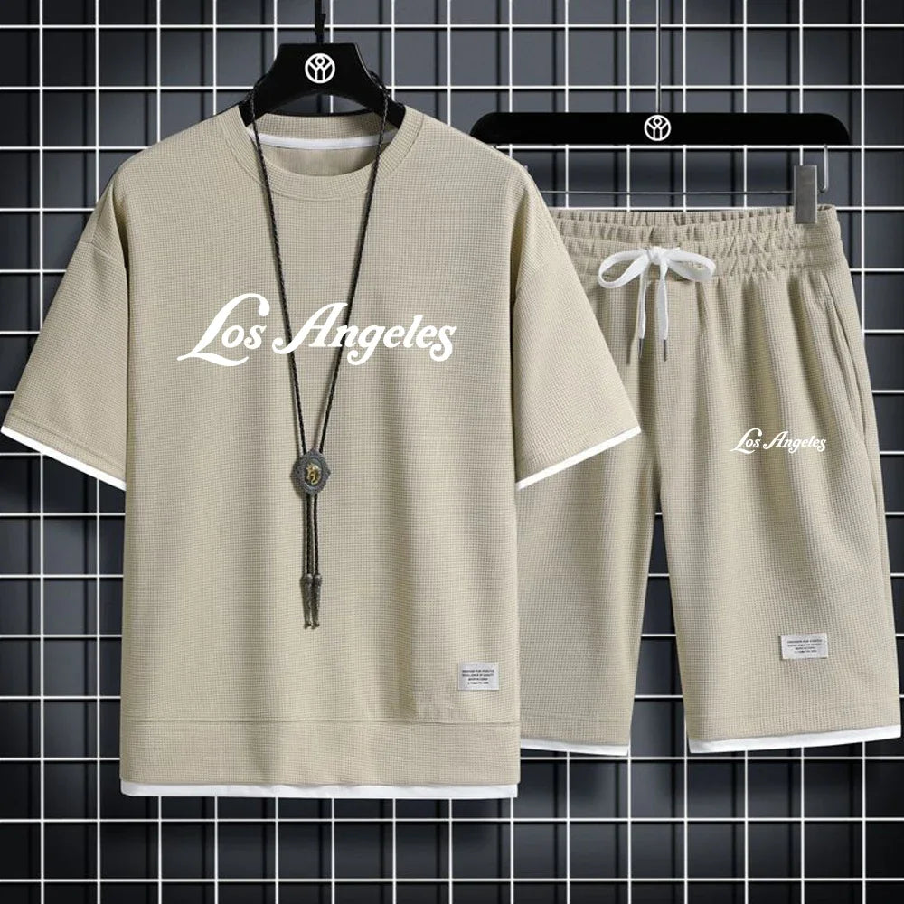Conjunto de camiseta y pantalones cortos deportivos, conjunto deportivo de verano para hombre, conjunto informal sencillo de manga corta con forma de gofre