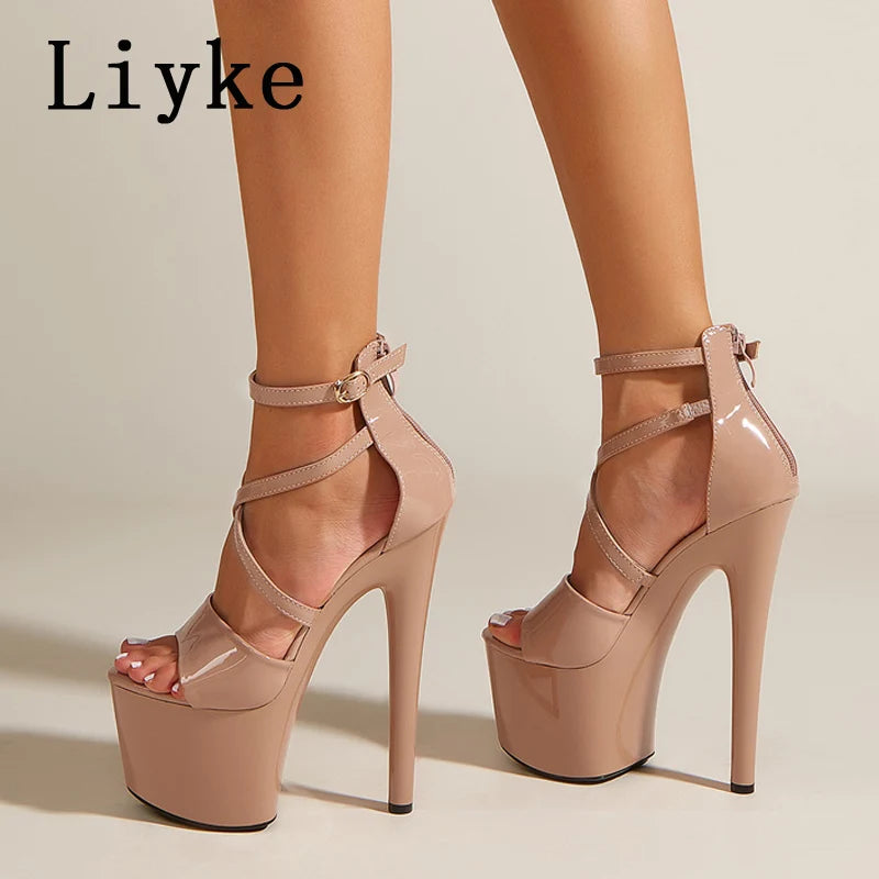 Liyke Fashion Runway Sandalias de plataforma con tiras al tobillo para mujer, de verano, de charol, con punta abierta y cremallera, tacones altos sexis de 17 cm, zapatos de baile en barra