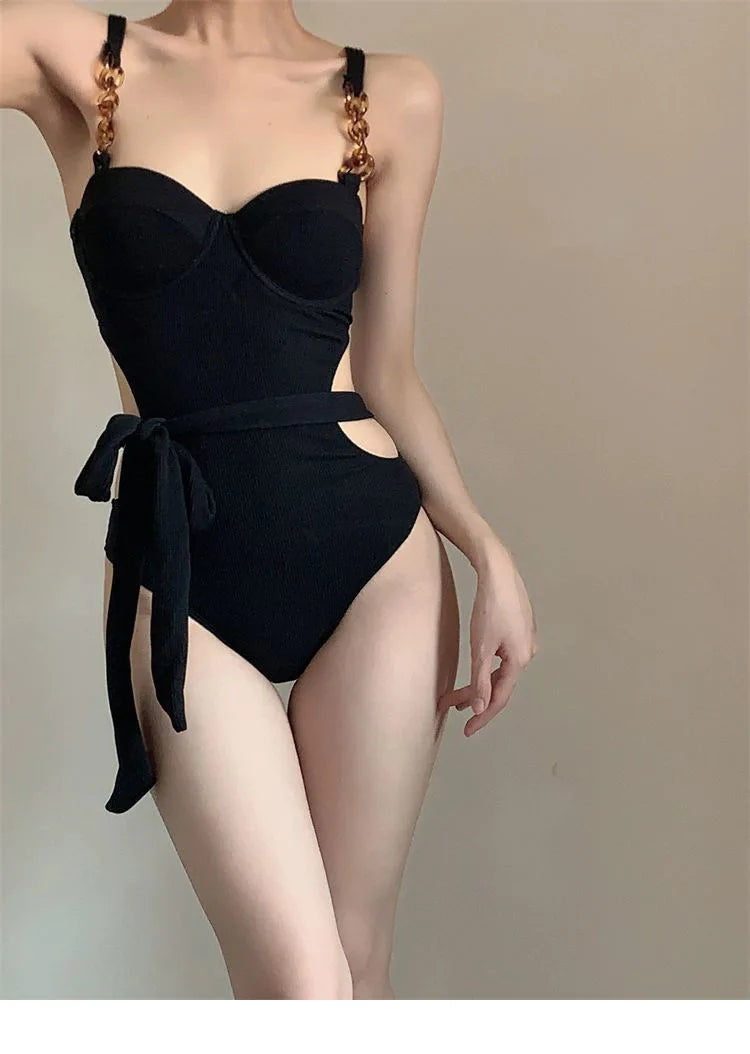 Sexy Fashion Swimsuit One Piece Black and Beige Underwire Bikinis with Waist Tie Hollow Bodysuits Bikinis Padded Swimwear