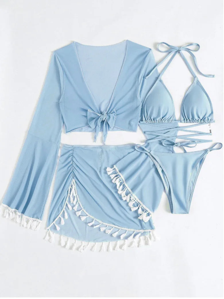 4 Piece Swimming Suit Women Beach Wear Solid Tassel Cover Up Mesh Mini Skirt Bikinis Set Cute Swimming Pool Outfit Summer