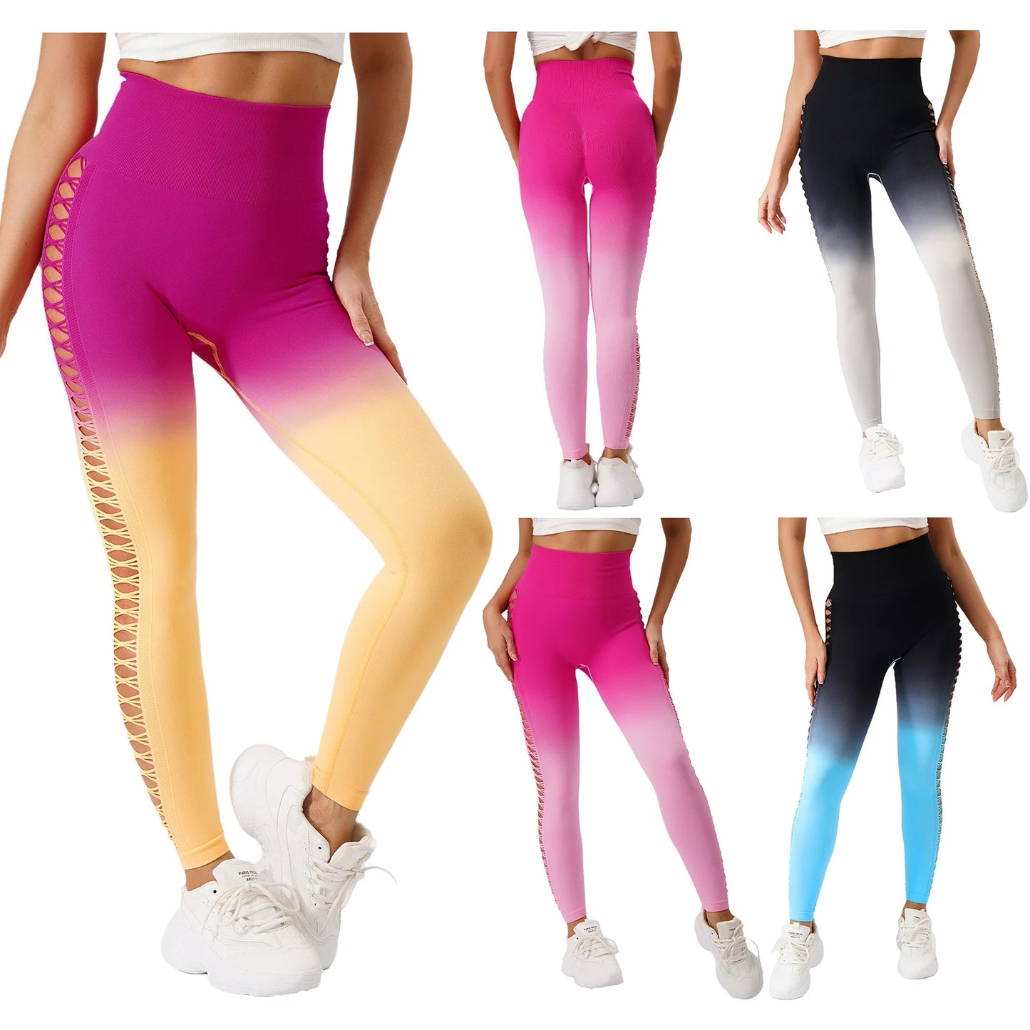 Womens Hip Tight Yoga Pants High Waist Side Hollowed-Out Mesh Design Exercise Yoga Leggings Running Gym Fitness