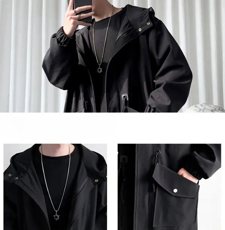 2025 Spring Autumn  Green Windbreaker Fashion Men Mid-length Casual Hooded Coat Men Daily High Street Overcoat Male Clothes