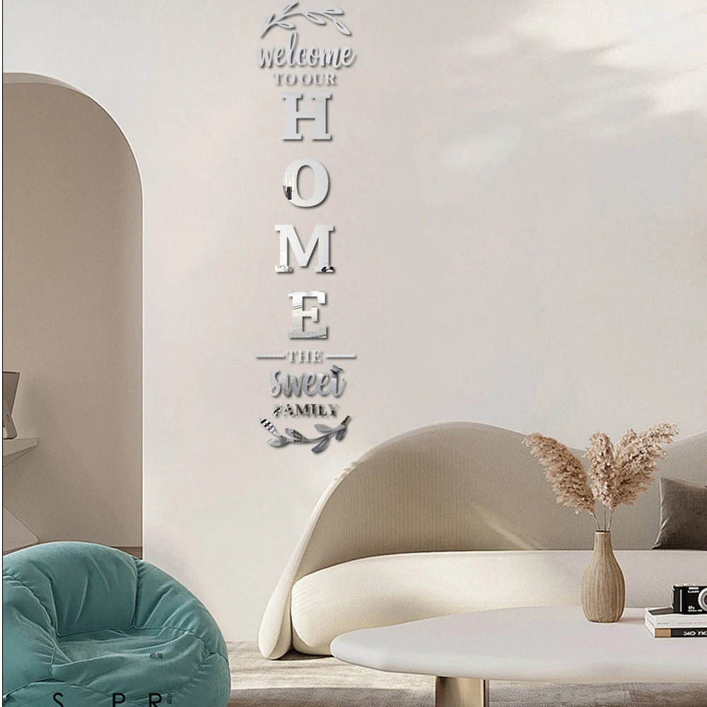 Pegatina de pared con espejo 3D con logotipo familiar para el hogar, decoración de entrada, sala de estar, dormitorio, fondo de pared, bricolaje