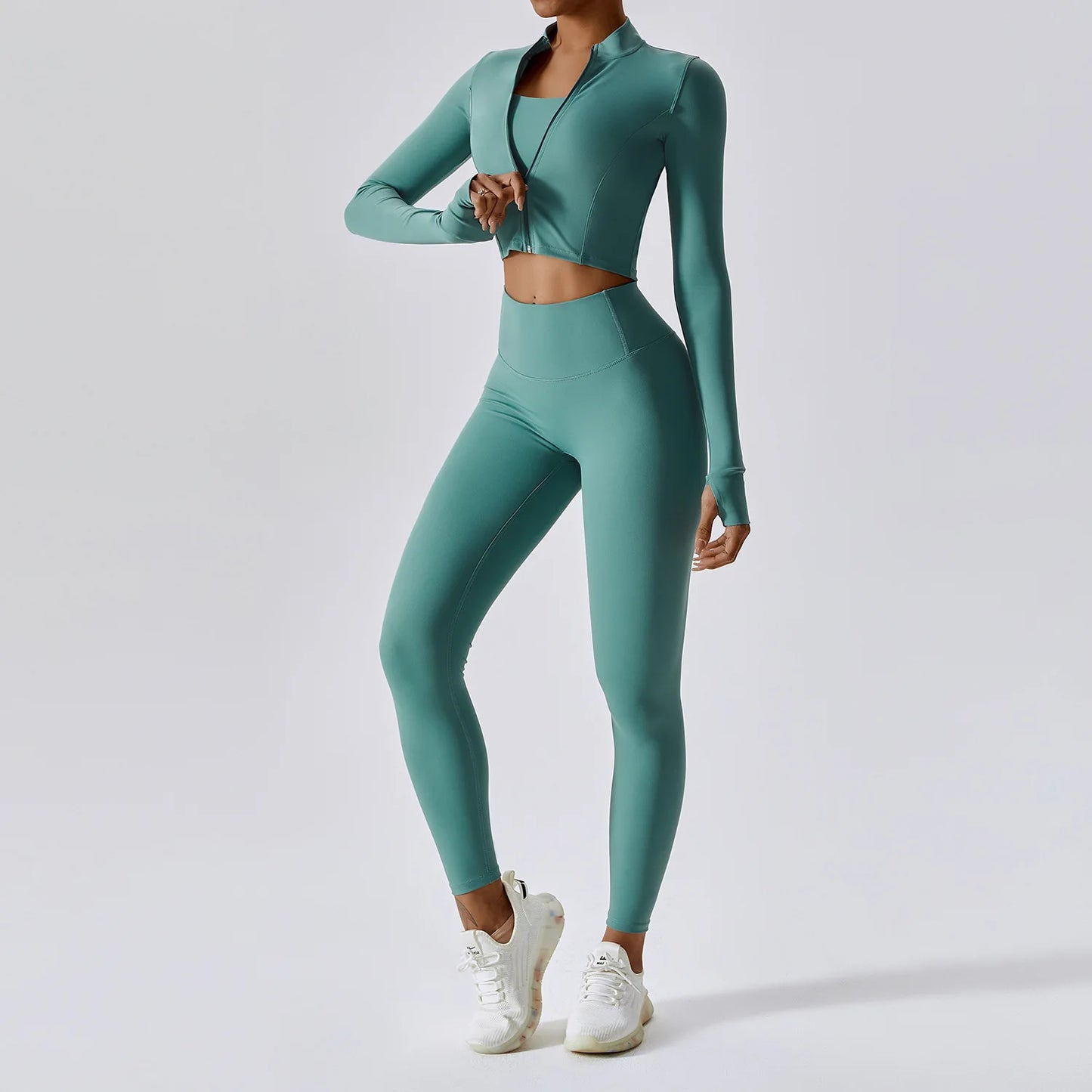 Conjunto de yoga de 3 piezas para mujer, conjuntos de entrenamiento, ropa deportiva para gimnasio, ropa deportiva con cremallera, leggings de manga larga y cintura alta, trajes deportivos, traje de yoga