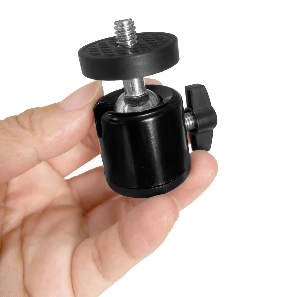 Adaptador de cabezal de cámara para trípode con zapata de 1/4" y orificio para tornillo, cabezal esférico con bloqueo, soporte para flash y luz LED para cámaras DSLR y DV.