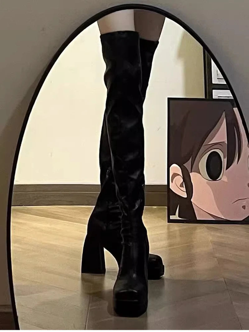 Autumn Winter Street Style Stretch Over The Knee Boots Women Fashion Round Toe Square Platform Heels Long Booties
