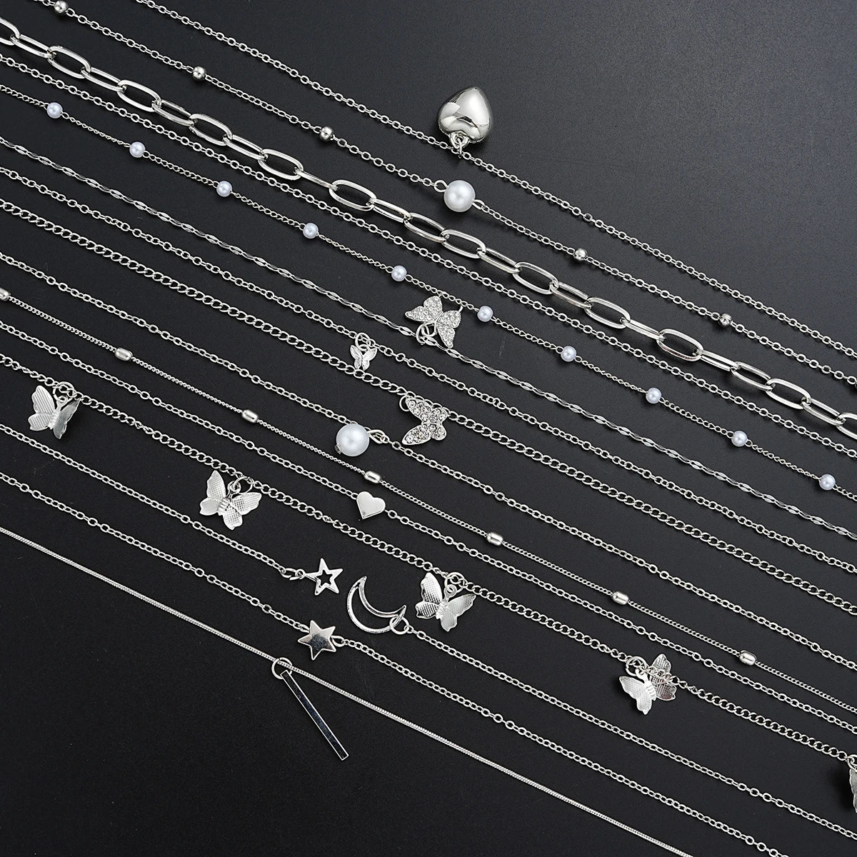Juego de 13 collares sencillos con temperamento, mariposa, perla, corazón, estrella, circonita, color plateado, para mujer, joyería de moda, regalo