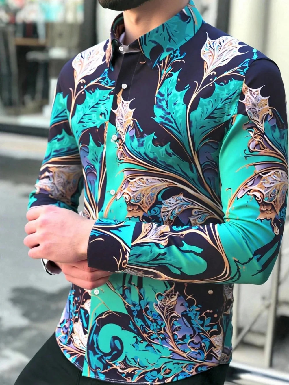 Camisa retro floral para hombre, manga larga, solapa, botonadura sencilla, tejido suave y cómodo para fiestas sociales elegantes y a la moda.