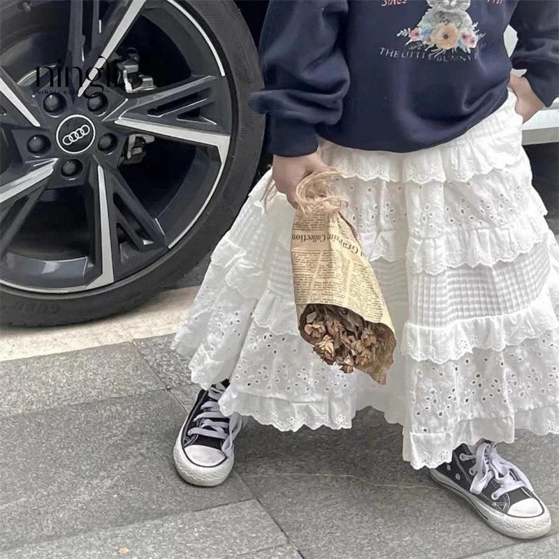 Ropa para niñas, faldas para niños, primavera, encaje, vestido de capas, falda larga informal blanca para niñas pequeñas, ropa de moda para niños de 2 a 8 años