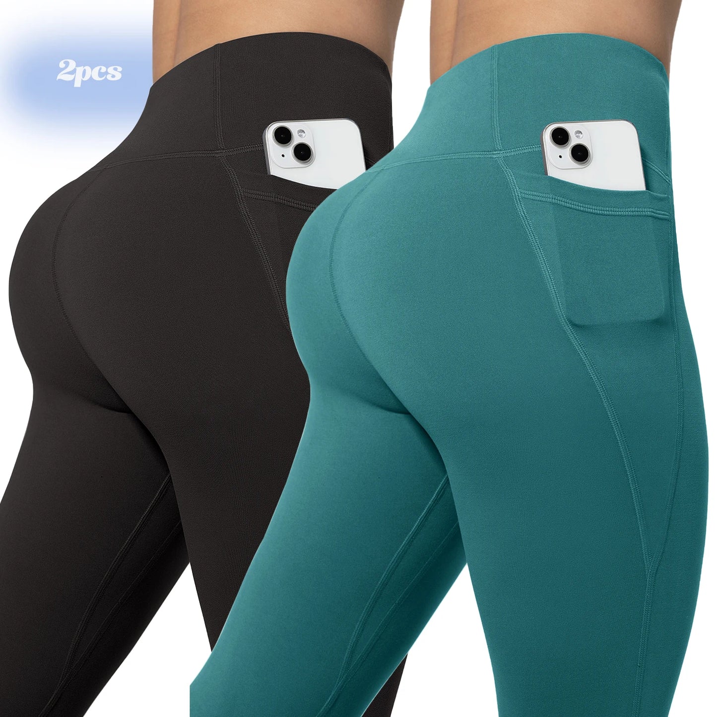 Leggings de yoga para mujer, 2 unidades, con bolsillos, color liso, para gimnasio, actividades al aire libre, cintura alta, ajustados, pantalones deportivos para correr.