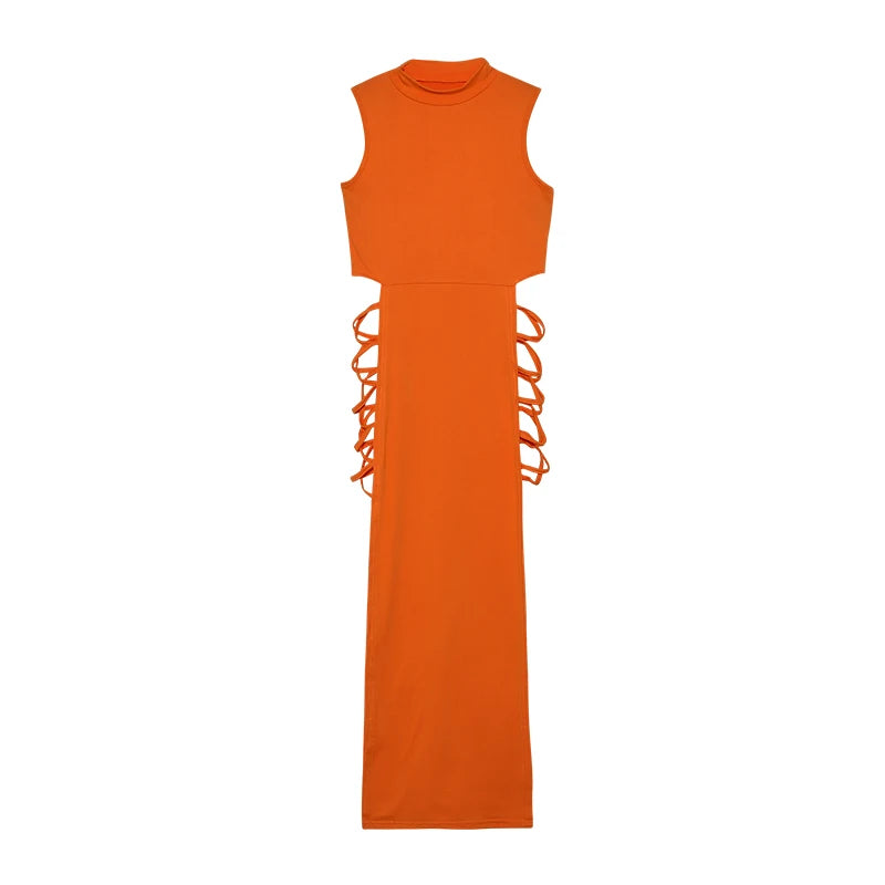Vestido con cortes cruzados, sexy, ajustado, sin mangas y cuello alto, ropa de mujer