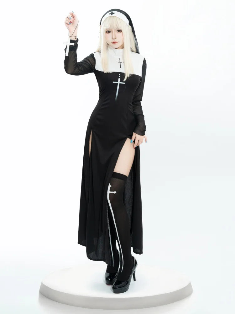 Sexy Anime Nun Cosplay Costume Women Fancy Dress Uniform Halloween Party Adult Madonna Dress Black Fancy Robe Headdress Set 2025