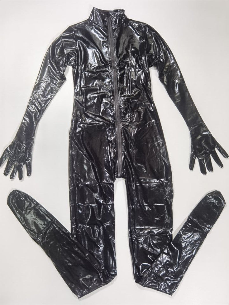 Sexy Cat Womens Jumpsuit Zentai Suit Fancy Dress Shiny Black Wetlook Leather Cat Catsuit Halloween Costumes For Women