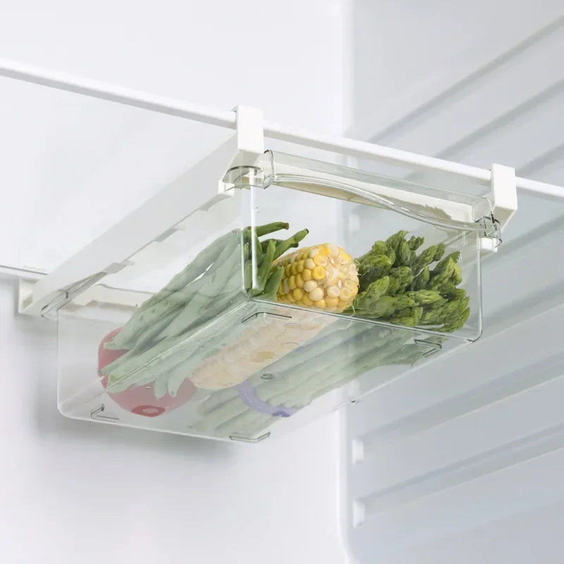 Caja de almacenamiento de alimentos tipo cajón para refrigerador, máquina para envasar frutas, soporte para estantes, contenedor deslizante de plástico para cocinar