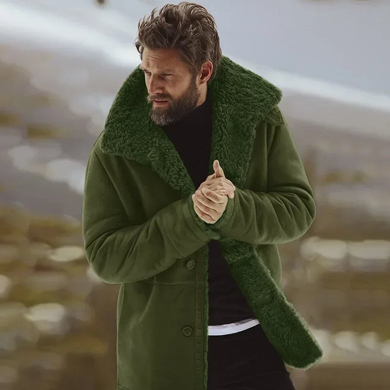 Abrigo de lana nuevo cortavientos para hombre, cuello de piel, botonadura sencilla, cálido, chaqueta de lana, corte entallado, abrigo de invierno 2021 para hombre