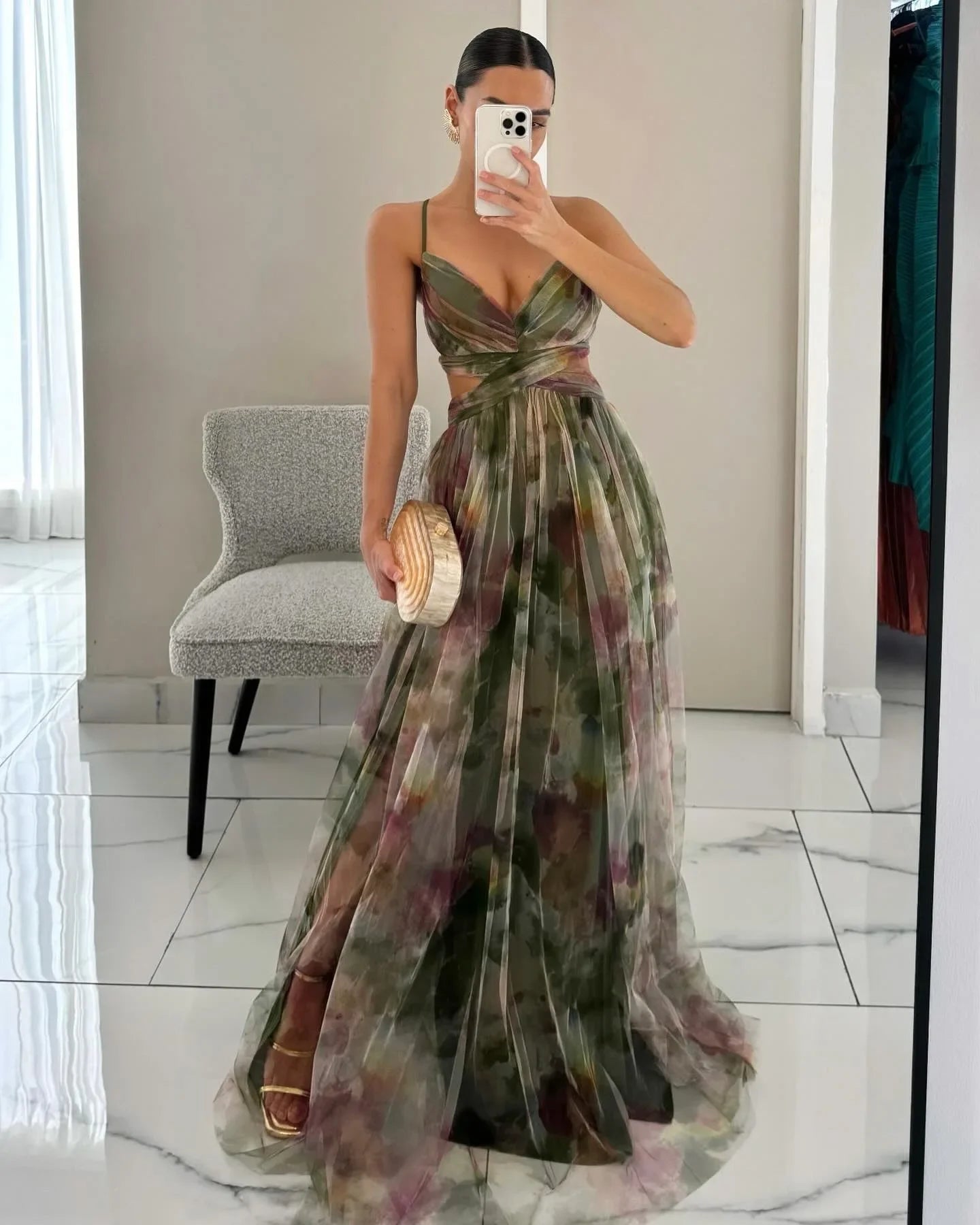 Sexy Hollow Out Party Dress, Women Summer Loungewear Fashion Printing Maxi Dress, Sleeveless Lace-Up Ladies Dress Vestido