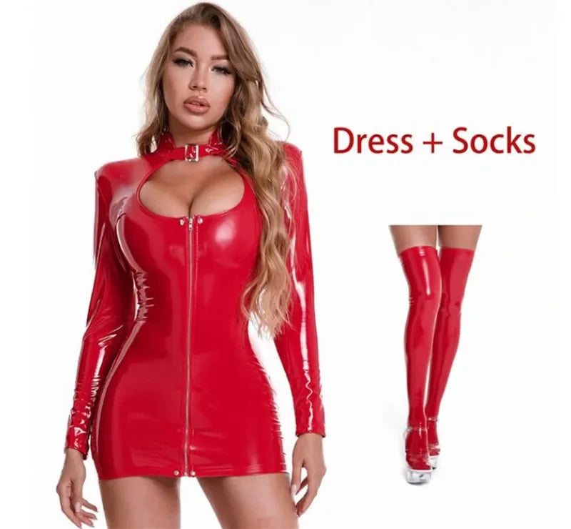 Women Sexy PVC Leather Dress with Stockings Gloves Shiny Latex Bag Hip Skirt Breast Exposing Porno Mini Dress