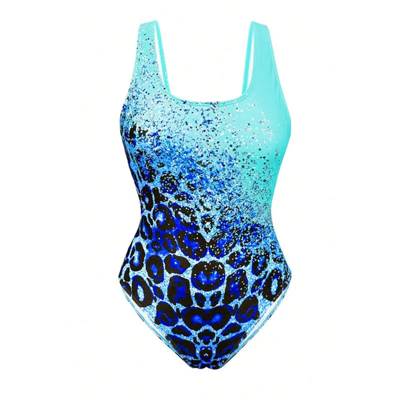 Nuevo bikini sexy estampado tie-dye con estampado de leopardo, traje de baño deportivo sin espalda, conjunto de bikini de una pieza para mujer