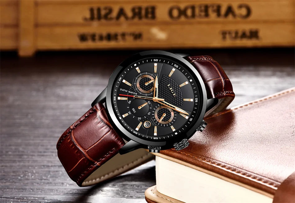 LIGE 2024 Reloj de lujo para hombre, reloj de cuarzo informal de negocios, reloj de pulsera de cuero a la moda para hombre, reloj impermeable para hombre