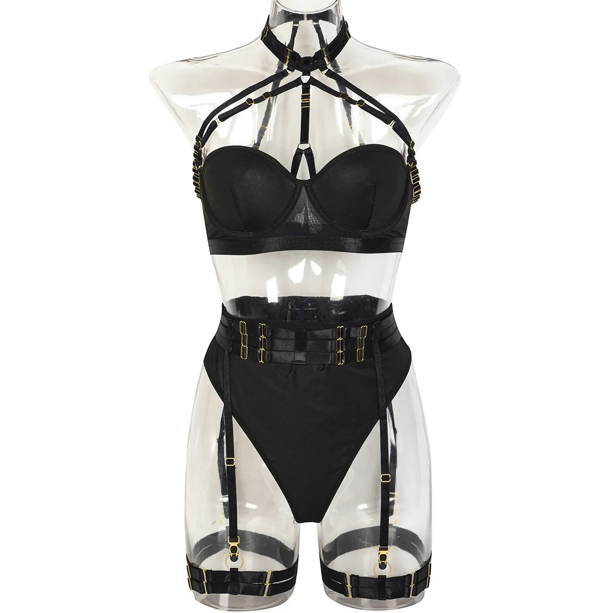 Conjunto de lencería sexy para mujer, con panel de encaje, escote en V profundo, glúteos abiertos, tirantes con forma de corazón de melocotón, cadena cruzada, liguero, ropa interior de tres piezas