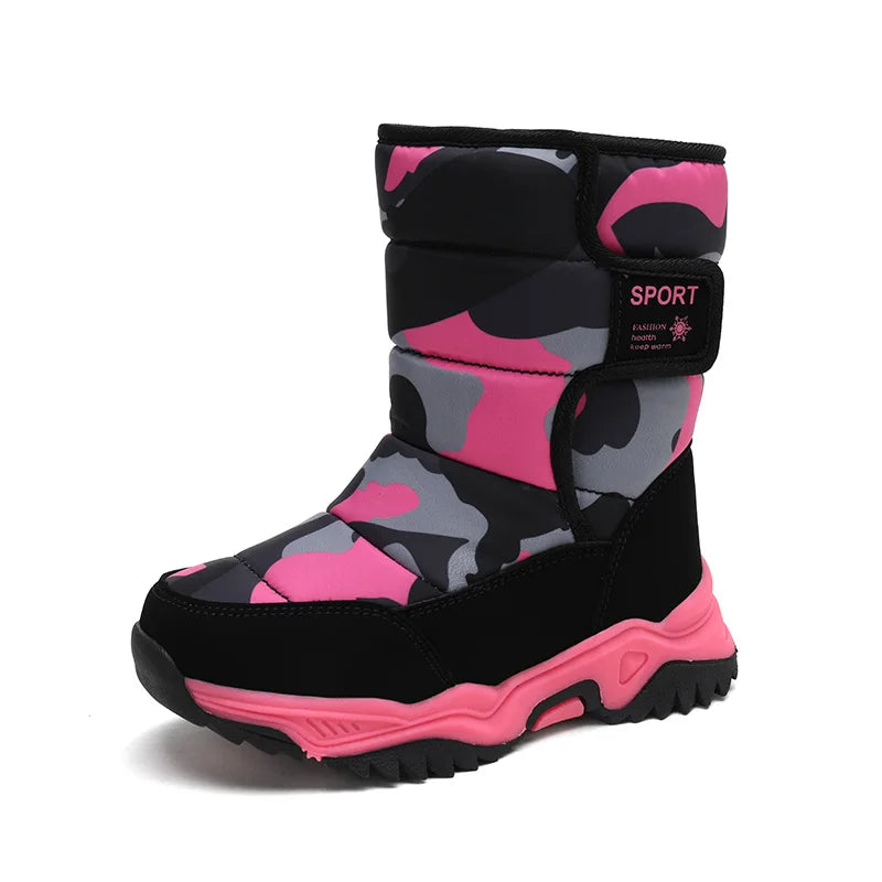 Zapatos de invierno 2025 para niños, de felpa, impermeables, antideslizantes, con suela de goma, botas de nieve cálidas a la moda para exteriores.