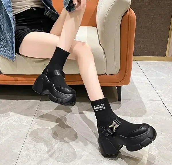 Botines de plataforma alta de 8 cm para mujer, botas cortas con suela gruesa y suela gruesa, antideslizantes, para motocicleta, para otoño