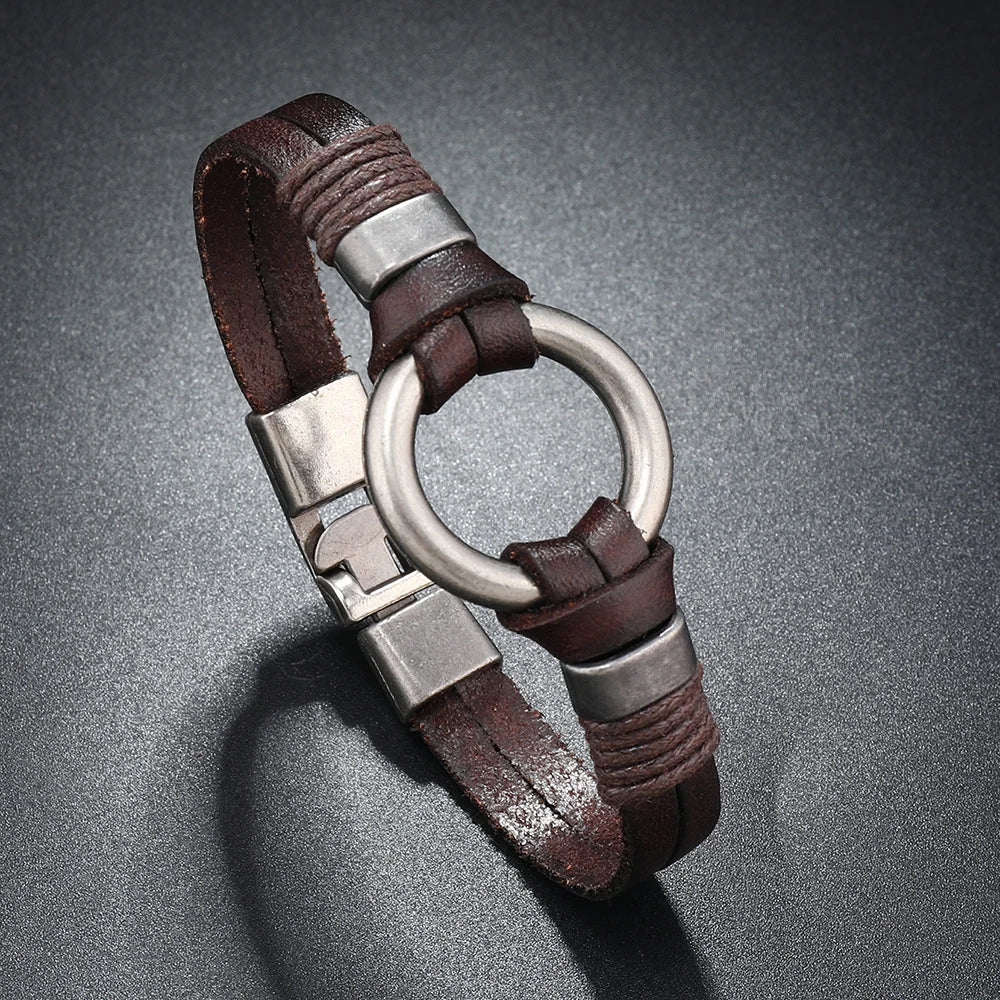 Pulsera de cuero genuino hecha a mano para hombres y mujeres, pulsera sencilla