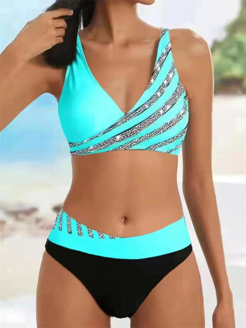 Conjunto de bikini con cuello en V 2024 para mujer, traje de baño de verano con estampado de rayas y patchwork, ropa de playa, traje de baño para mujer, talla 2XL