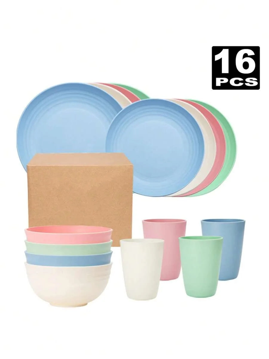 Juego de cubiertos de plástico reutilizables de 4/16/32 piezas, plato de cena/plato de postre/tazón de cereal/taza, para el hogar, fiesta de cumpleaños
