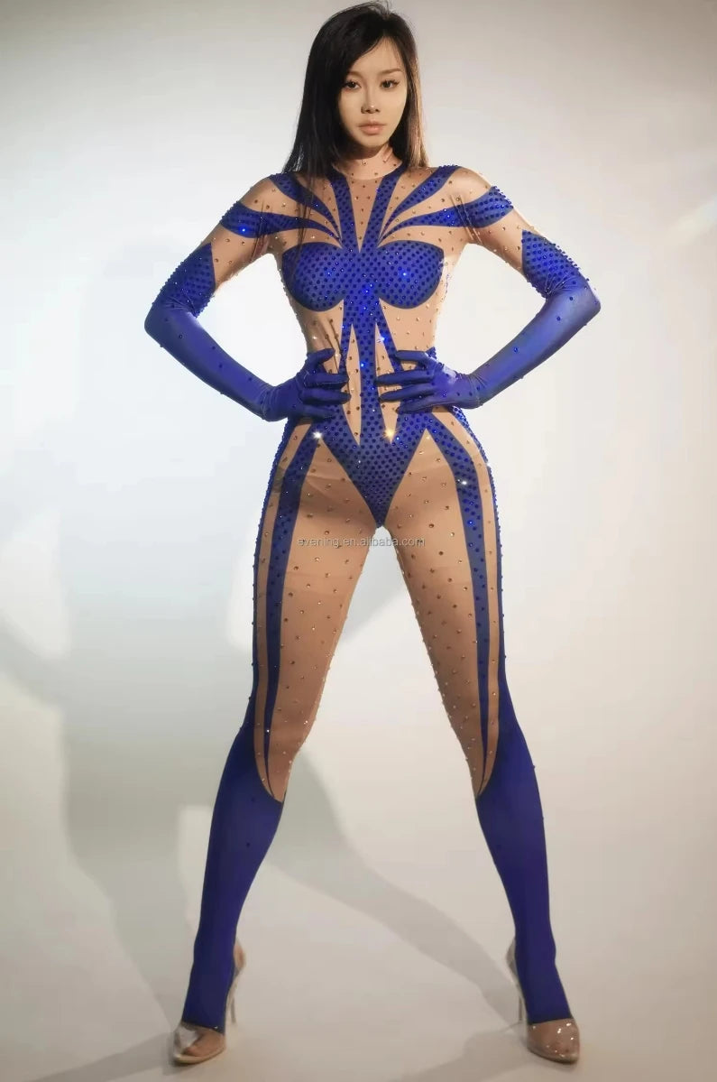 Female Sexy Stretch Long Sleeve Bodycon Bodysuit Exotic Pole Dancer Outfit Crystal Rompers Skinny Women Club Prom Party Jumpsuit