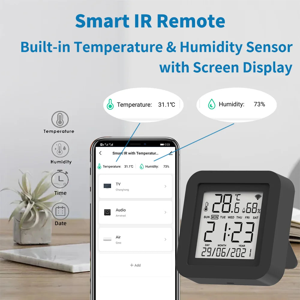 Control remoto universal infrarrojo inteligente Tuya con sensor de temperatura y humedad para aire acondicionado, TV, aire acondicionado, compatible con Alexa, Google Home y Yandex.