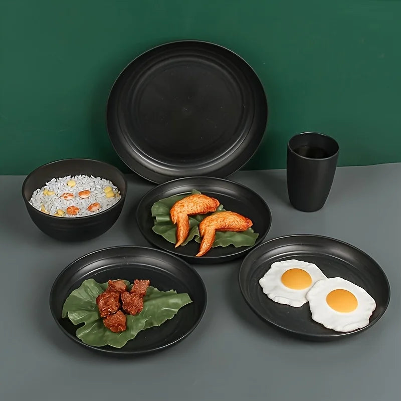 Juego de vajilla irrompible de 16 piezas, 8 platos, 4 cuencos y 4 tazas, apto para microondas y lavavajillas, ideal para camping, uso diario, color negro.