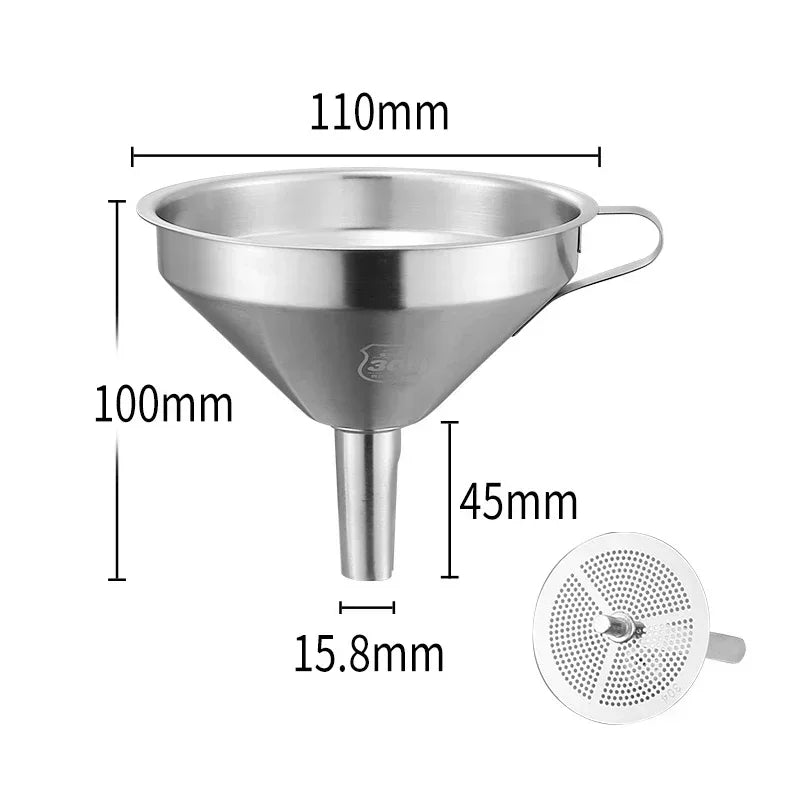 Embudo de acero inoxidable 304 de boca ancha con filtro de malla para aceite de cocina, especias líquidas y utensilios de cocina.