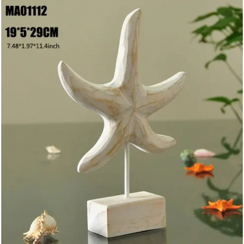 Accesorios de decoración del hogar de estilo mediterráneo, artesanías de madera, estrellas de mar, caracolas, hipocampo, tallado en madera, decoración marina para sala de estar.