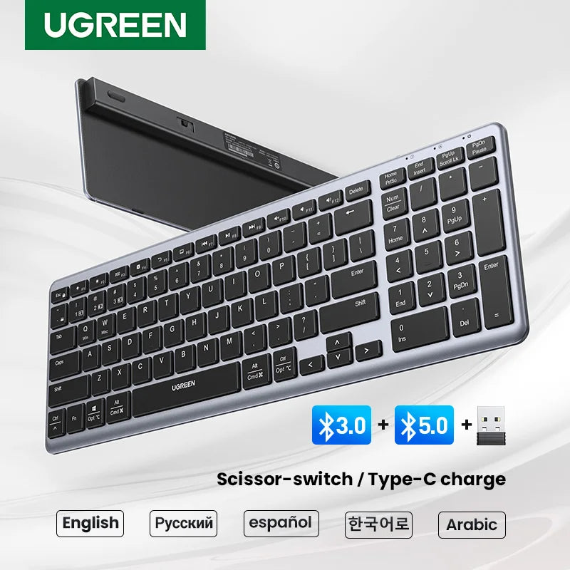 Teclado inalámbrico UGREEN Bluetooth 5.0 2.4G con 99 teclas en ruso/coreano/inglés para MacBook, iPad, PC y tabletas, recargable por USB C.