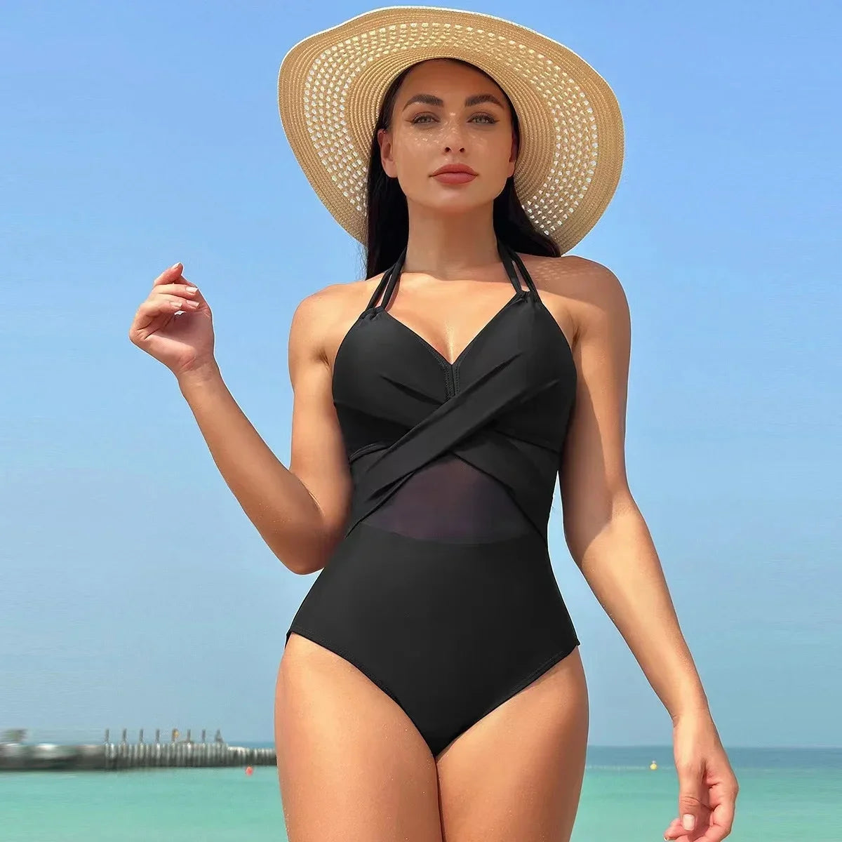 2024 Women One Pieces Solid Swimsuits Sexy Swimwear Bathing Suits Rib Mesh V-neck Swimsuit Bathing Suit Beach Pool Bather