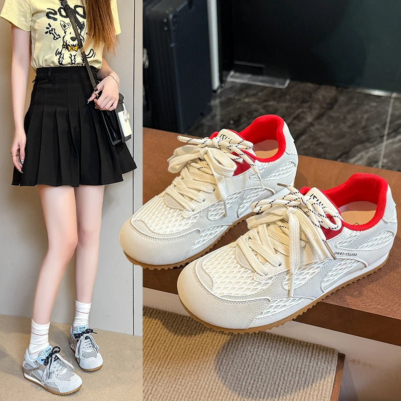 Zapatos vulcanizados para mujer, moda 2025, con cordones, colores a juego, nuevos, de malla redonda, ligeros, cómodos y casuales para caminar.