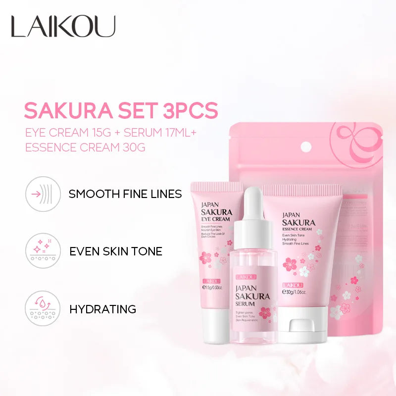 LAIKOU - Set de 3 cremas faciales con vitamina C 24K Golden Sakura para el cuidado de la piel, suero, crema para ojos, hidratante, antiarrugas
