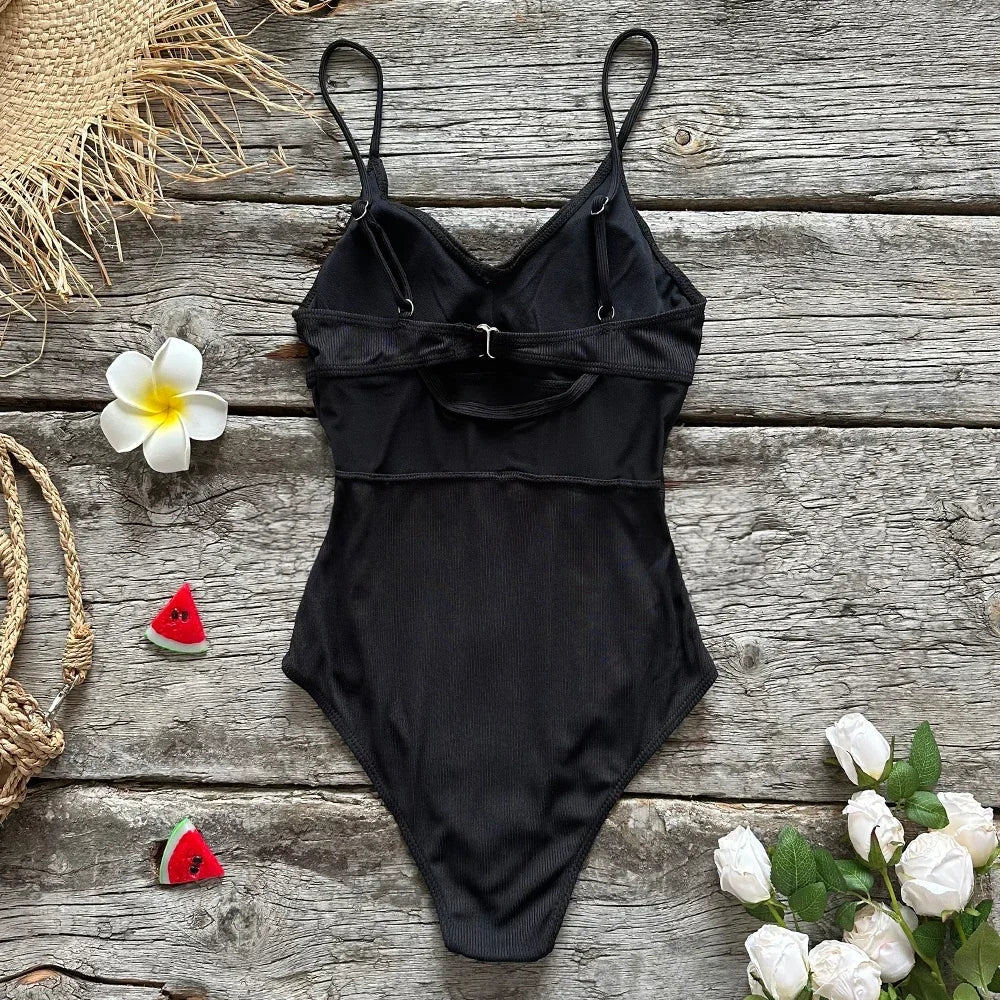 2024 Women One Pieces Solid Swimsuits Sexy Swimwear Bathing Suits Rib Mesh V-neck Swimsuit Bathing Suit Beach Pool Bather