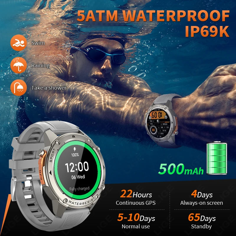 Nuevo reloj inteligente para exteriores para hombre, batería de larga duración de 500 mAh, pantalla AMOLED, resistente al agua hasta 5 ATM, monitor de ritmo cardíaco, GPS, reloj inteligente militar.