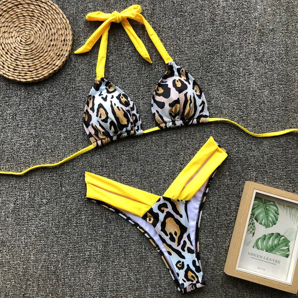 Bikini 2024 Sexy Leopardo Estampado Floral Halter Traje de Baño Traje de Baño Mujeres Bikini Conjunto Traje de Baño Playa Bikini Femenino Banadores Mujer