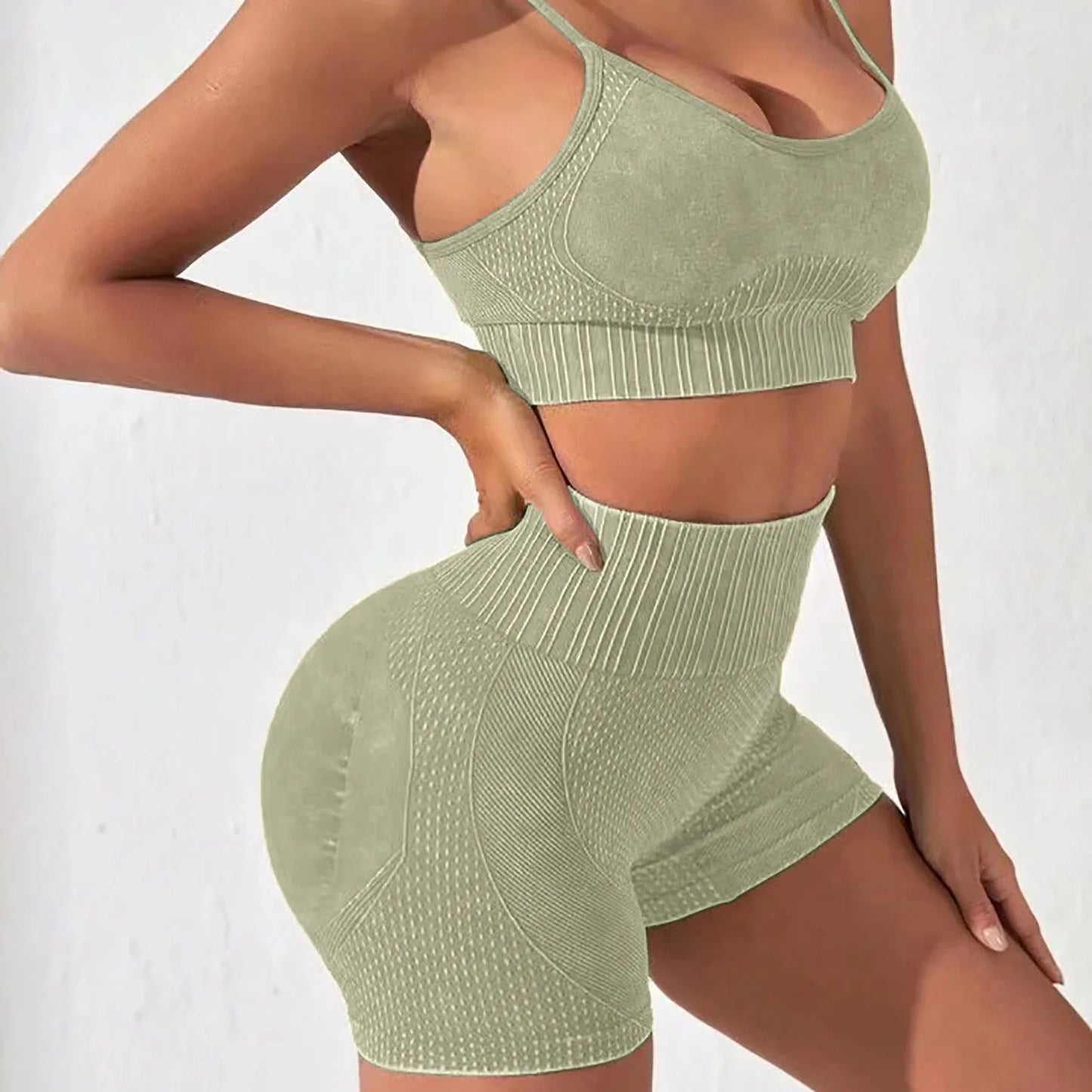 Conjunto de yoga, pantalones cortos de gimnasio, conjuntos para mujer, sin costuras, esmerilado, top corto de fitness, leggings de cintura alta, conjuntos deportivos, entrenamiento, correr, ropa deportiva