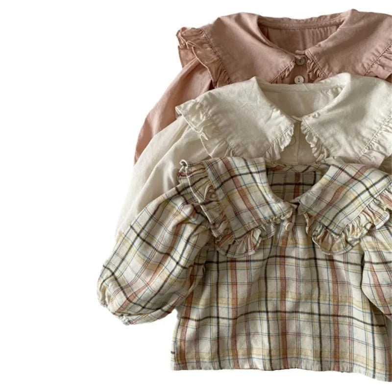 Ropa infantil, moda coreana de primavera 2025, nueva blusa para niñas, camisa informal con solapa de encaje