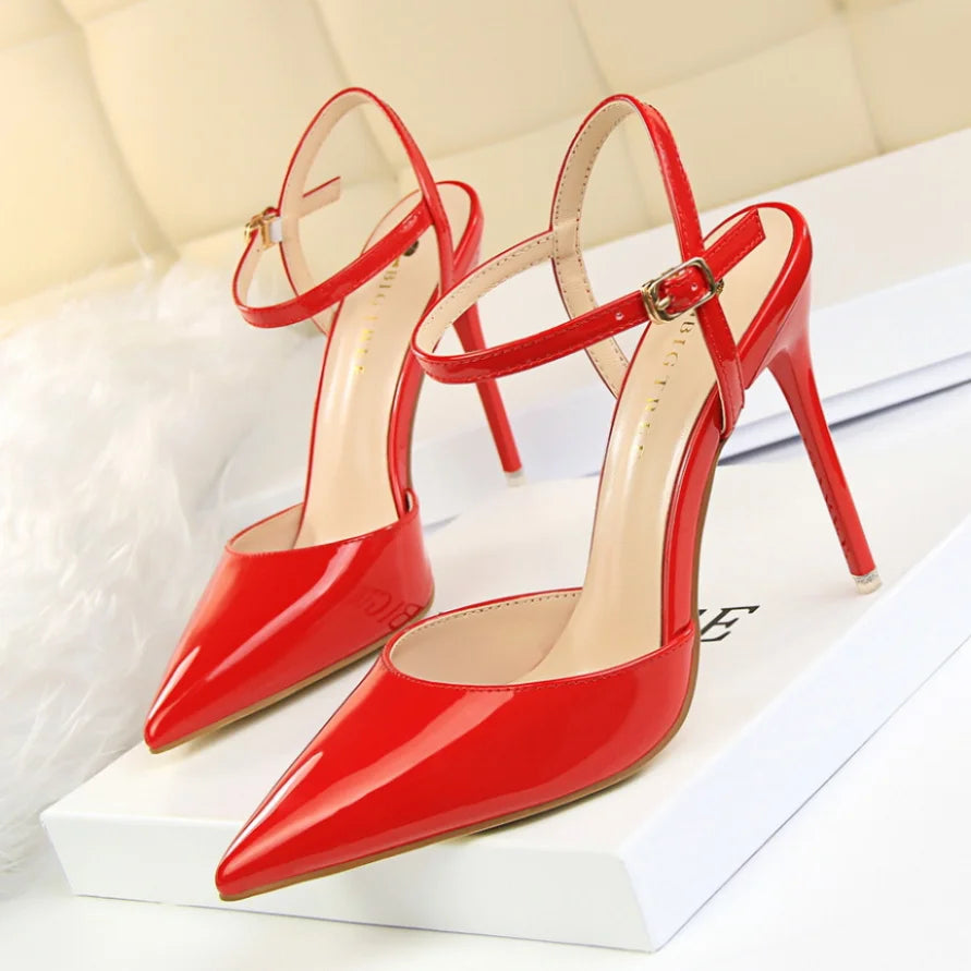 Zapatos de tacón ultraalto, sencillos, delgados, de piel pintada, sexis, para discoteca, con tiras de una palabra, para mujer, 86-1
