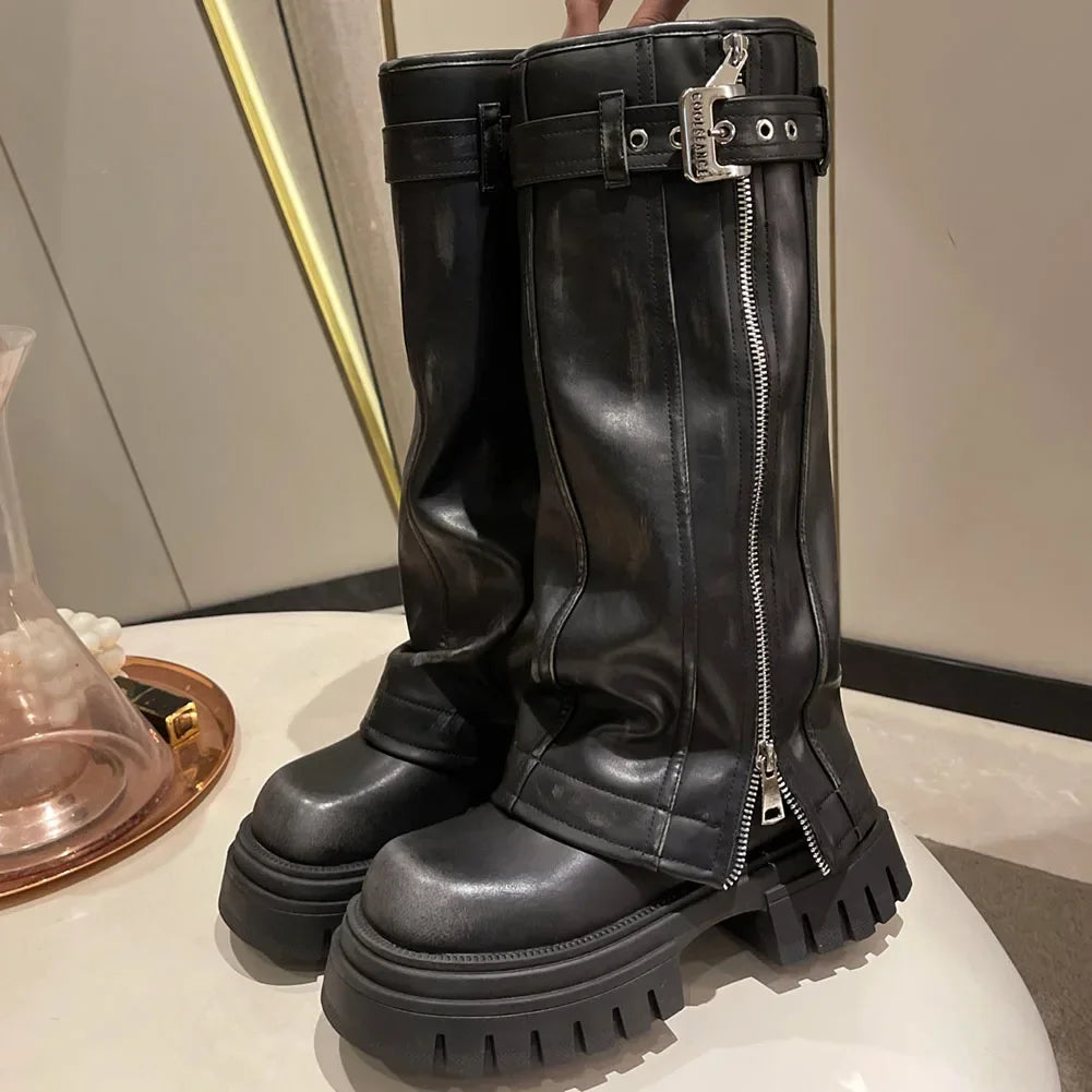 Botas de media caña para mujer de la marca Desinger Knight, con plataforma de tacón alto grueso, estilo punk, estilo motociclista, estilo gótico, para la calle.
