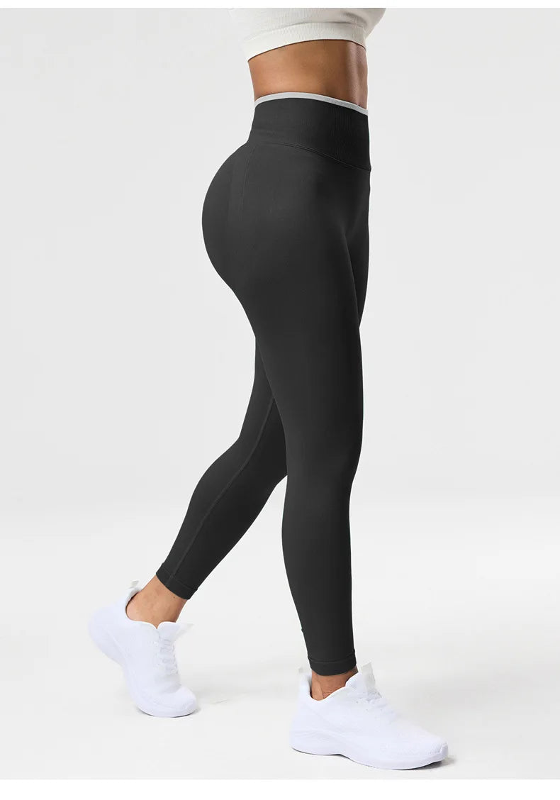 VEQKING Color Contrast Sports Women Yoga Pants Ignite Sculpt Scrunch Sports Leggings Seamless Push Up Gym Elastic Workout Tights