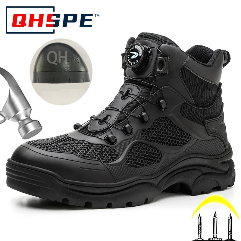 Botas de trabajo con hebilla giratoria, zapatos de seguridad con punta de acero, zapatos de seguridad transpirables para hombre, zapatos indestructibles de marca, zapatos de trabajo a prueba de pinchazos.