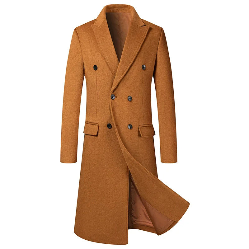 Autumn Winter Men's Long Wool Blends Coats England Style Solid Color Double Breasted Woolen Outerwear Men Smart Casual Trench