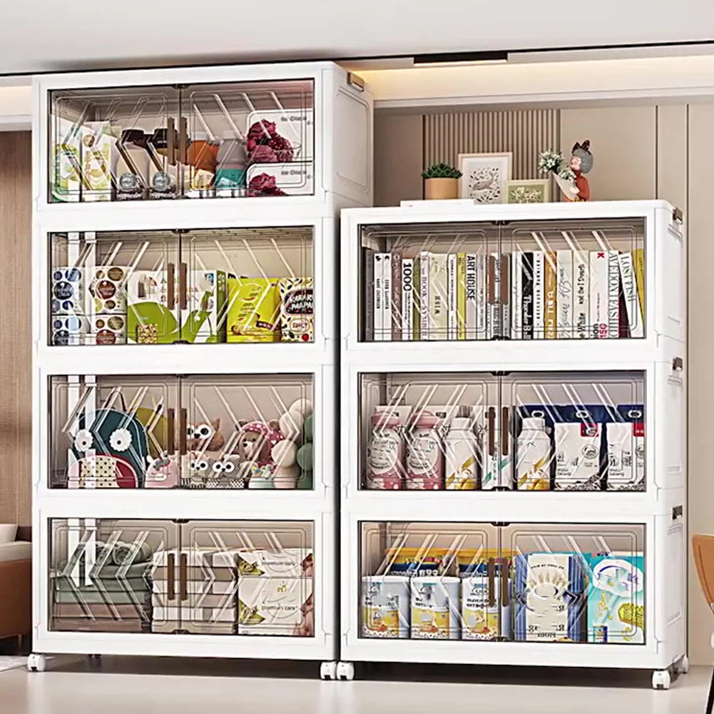 Contenedores de almacenamiento apilables de 4 niveles con puertas y ruedas, cajón organizador plegable para sala de estar, dormitorio y oficina.